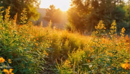 Golden Sunset Over a Field of Flowers.