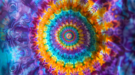 Vibrant and psychedelic image featuring a mesmerizing spiral pattern created using tie-dye techniques. Originating from the center, the spiral radiates outward in a dazzling array of colors including 