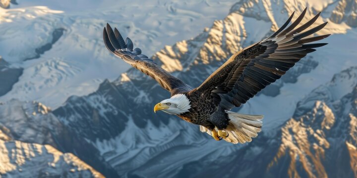 Real photo, aerial view of a majestic bald eagle soaring above a snow-capped mountain range