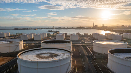 Aerial view oil and gas depot industrial facility for storage logistic petrochemical product, Crude oil and gas depot terminal storage tank petroleum petrochemical refinery product, Business energy.