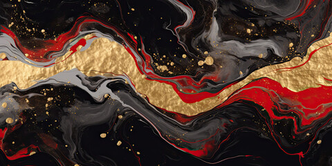 Acrylic paint mixed between red, black and gold in a wavy pattern.