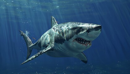 Naklejka premium Great white shark gliding through deep blue waters, animal, powerful