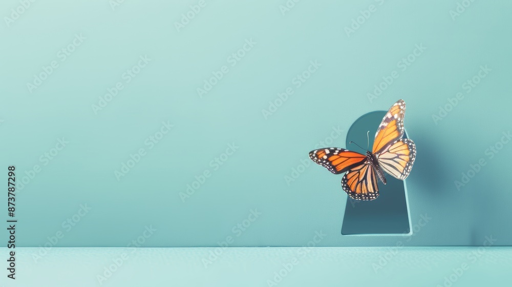 Poster a symbolic image of a butterfly emerging from a keyhole, representing transformation and the liberat