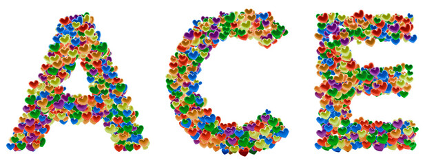 ACE word for asexual pride, PNG transparent text of colorful hearts isolated