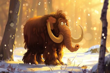 Digital artwork depicting a friendly cartoon mammoth in a snowy forest with a warm, magical light