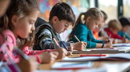 Fototapeta premium A group of European elementary school students studying at school