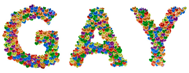 GAY word text PNG transparent made of colorful pride hearts isolated