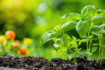 Fresh Basil Plants Growing in Garden