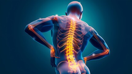 A man experiencing lower back pain, with his spine protruding