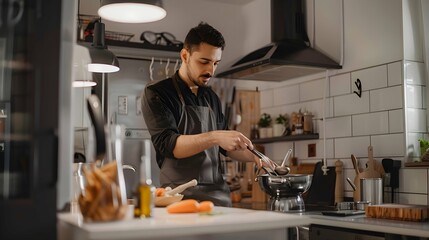 A man with a focus cooks enthusiastically in a minimalist home kitchen