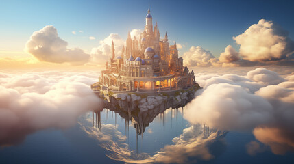 Naklejka premium Medieval castle suspended in the clouds, fantasy scene