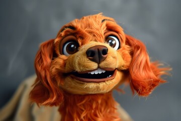 Closeup image of a cheerful cartoon dog with bright, expressive eyes