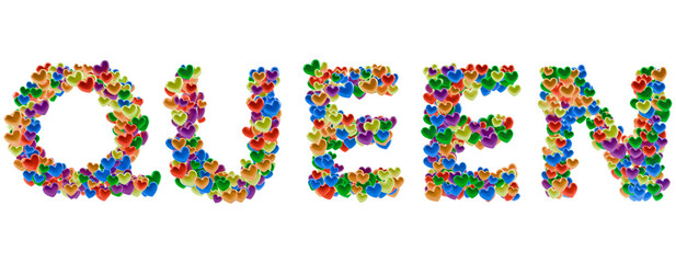 QUEEN word text PNG transparent made of colorful pride hearts isolated