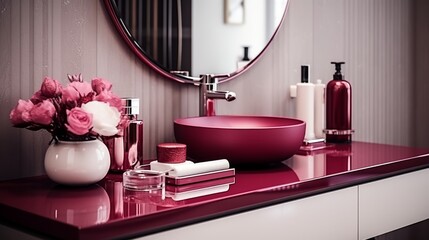 Assorted cosmetics  reflections on vanity table mirror in bathroom for search relevance