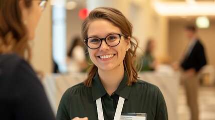 A conference registration desk with staff helping attendees, branded materials, badges, and event banners, professional and organized setup