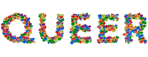 QUEER word text PNG transparent made of colorful pride hearts isolated