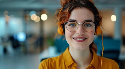 A customer service representative in a modern call center, wearing a headset, smiling while helping a customer on a computer screen, bright and professional setting