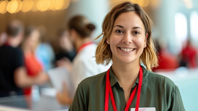 A conference registration desk with staff helping attendees, branded materials, badges, and event banners, professional and organized setup