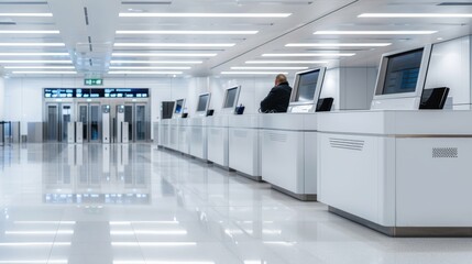 A modern airport check-in counter with staff assisting passengers, featuring high-tech kiosks and digital displays, sleek and efficient design