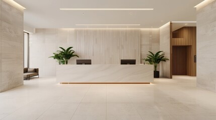 Fototapeta premium A modern hotel lobby with elegant reception desk, digital booking kiosks, and a welcoming concierge. Guests checking in, minimalist design, warm lighting
