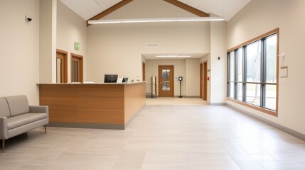 Bright and inviting lobby with a check-in desk, staff showing guidance and generosity, setting a supportive tone for visitors