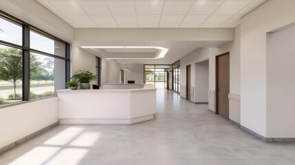 Bright and inviting lobby with a check-in desk, staff showing guidance and generosity, setting a supportive tone for visitors