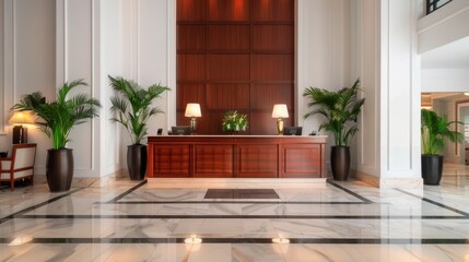 Classic hotel entrance with a polished check-in desk, attentive bell service, elegant furnishings, and a sense of timeless hospitality, perfect for showcasing refined customer service