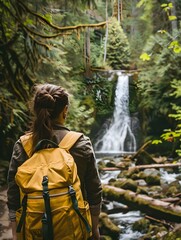 backpacker woman looking at a waterfall in the forest