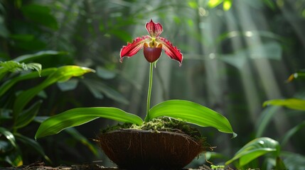 Venus slipper orchid in coconut shell among sunlit leaves  serene botanical harmony