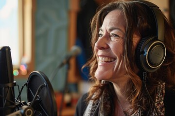 Happy woman wearing headphones and smiling while sitting recording a podcast or voiceover in a professional studio.