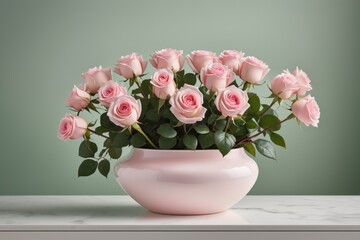 Fototapeta premium A beautiful bouquet of pink roses fills a glass vase ready to add a romantic touch to any table