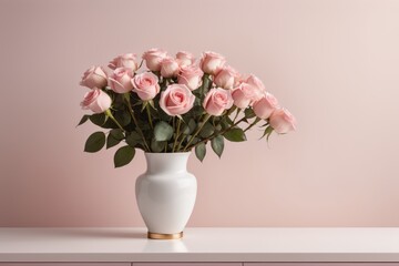 A beautiful bouquet of pink roses fills a glass vase ready to add a romantic touch to any table