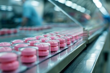 Close-up of plastic container filled with pink pills neatly arranged and ready to use.