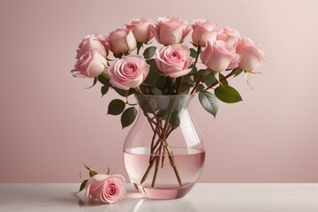A beautiful bouquet of pink roses fills a glass vase ready to add a romantic touch to any table