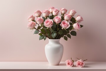 A beautiful bouquet of pink roses fills a glass vase ready to add a romantic touch to any table