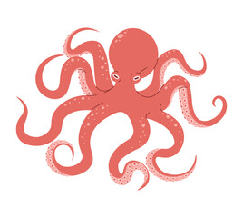 Hand drawn cartoon orange octopus. Vector illustration of sea animal in doodle style. Suitable for decoration, sticker design