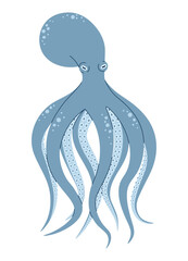 Hand drawn cartoon blue octopus. Vector illustration of sea animal in doodle style. Suitable for decoration, sticker design