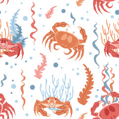Seamless pattern with cartoon crab. Background with sea animal, seaweed in flat style. Suitable for decoration, design, stickers