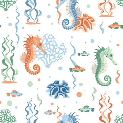 Seamless pattern with cartoon doodle seahorse. Background with sea animal in flat style. Suitable for decoration, design, stickers