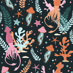 Seamless pattern with cartoon doodle squid. Background with sea life in flat style. Suitable for decoration, design, stickers