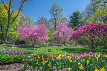 Fototapeta premium A bright spring garden with colorful flowers and the rejuvenating energy of nature. Bright flowers fill the scene under a blue sky