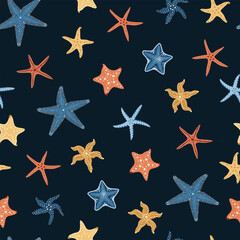 Seamless pattern with cartoon doodle starfish. Background with shellfish in flat style. Suitable for decoration, design, stickers