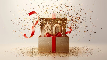 Festive 80th Birthday Celebration with Golden Gift and Red Ribbon