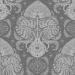 Seamless gray Damask pattern with tropical motifs. Floral abstract repeat monochrome background.