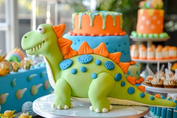 Colorful fondant dinosaur cake topper at a cheerful kids' birthday party