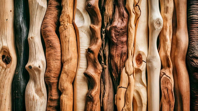 A row of wooden sticks of different lengths and diameters, arranged in a straight line against a light background.