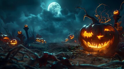 Fototapeta premium night hallowen scene with blue cloud and scary pumpkin background