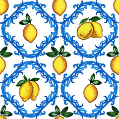 Mediterranean seamless pattern. Blue majolica tiles and yellow lemons endless background. Sicilian traditional print for fabric and wallpaper. Blue azulejo. Italian style.