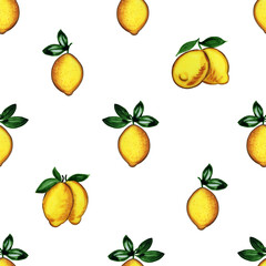 Ripe yellow lemons on branches with leaves watercolor seamless pattern. Hand drawn tropical fruits endless background for fabric and wallpaper.