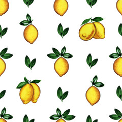Ripe yellow lemons on branches with leaves watercolor seamless pattern. Hand drawn tropical fruits endless background for fabric and wallpaper.